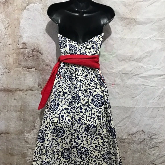 ANTHROPOLOGIE by Tabitha Strapless Paisley Floral Blue White Red Sash Linen~2 - Picture 5 of 6